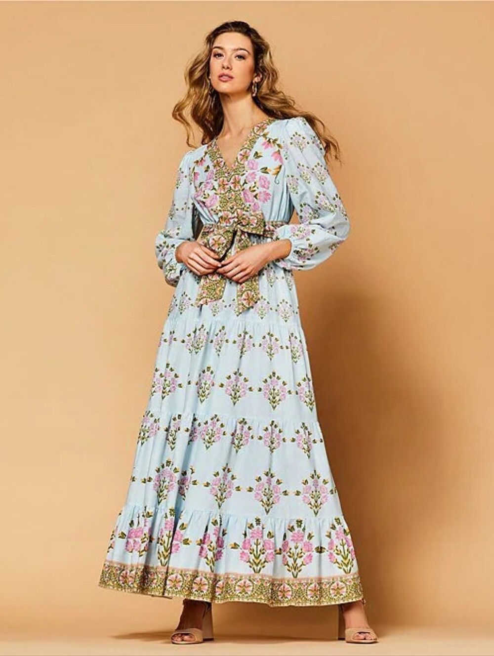 A Loves A Woven Floral Print Deep V-Neck Long Bubble Sleeve Tiered A-Line Dress